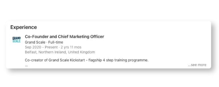 Screenshot of experience listed on LinkedIn